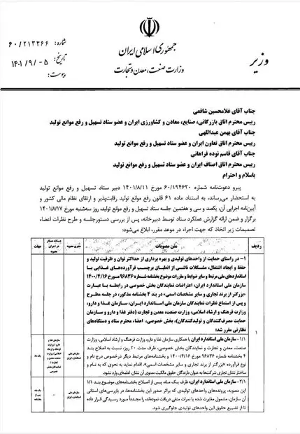 نامه رفع موانع تولید صمت 1
