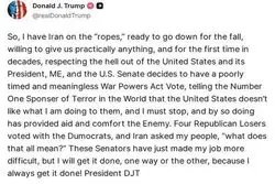 ادعای ترامپ: ایران در آستانه فروپاشی بود اما سنا نگذاشت پیروز شویم!